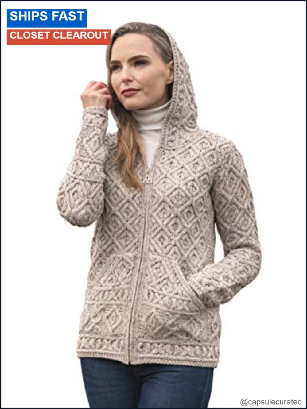 Irish Merino Wool Honeycomb Hooded Cardigan Zip Hoodie